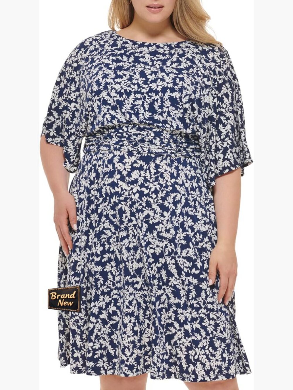 Plus Size Floral Print Knit Midi Dress Elbow Sleeve Office Wear